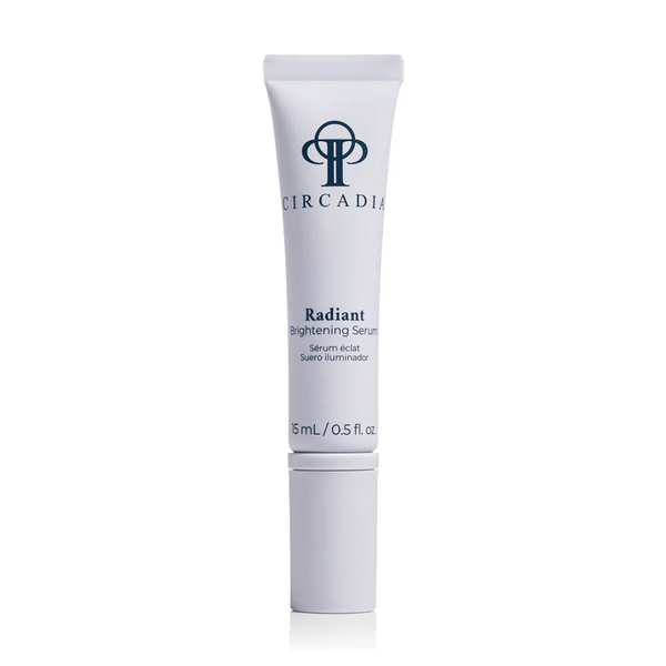 Tube of Radiant Brightening Serum (Formerly Bright White Serum) | Circadia displayed on a white background, skincare product for brightening and illuminating skin.