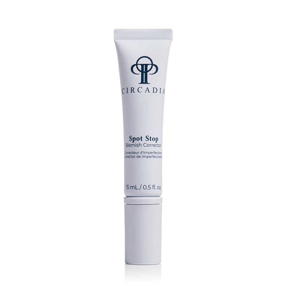 Tube of Spot Stop Blemish Corrector | Circadia skincare product with a clean white design for targeted blemish treatment and skin care.
