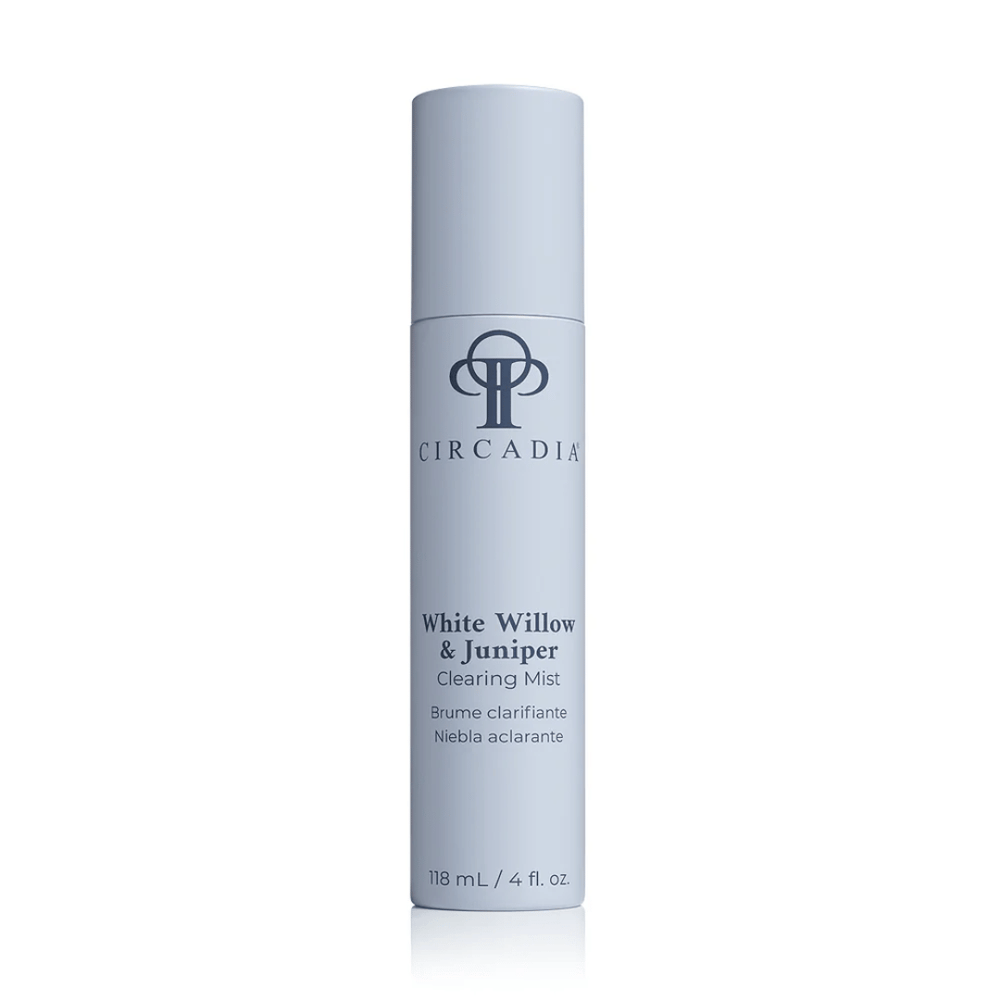 White cylindrical bottle of White Willow & Juniper Clearing Mist | Circadia skincare product against a white background, designed to refresh and clear skin.