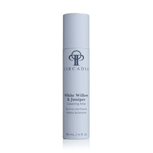 White cylindrical bottle of White Willow & Juniper Clearing Mist | Circadia skincare product against a white background, designed to refresh and clear skin.