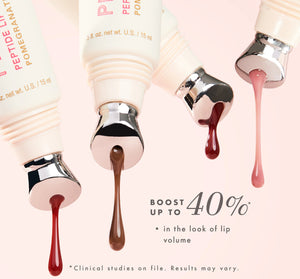 Four tubes of Plump Up Pretty Peptide Lip Treatment | Farmhouse Fresh with various shades of lip treatment visibly dripping from metal applicators against a pale pink background, promoting up to 40% boost in lip volume.