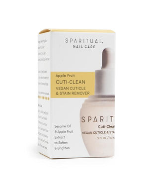 Box packaging of Cuti-Clean Vegan Cuticle & Stain Remover | Sparitual featuring apple fruit and sesame oil ingredients for skincare and nail care.