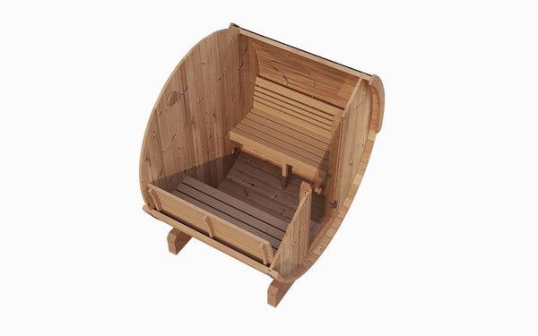 E6 Sauna Barrel - 2-4 Person | Western Sol wooden barrel sauna with bench seating designed for personal wellness, skincare, and body care relaxation.
