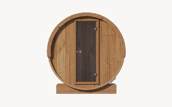 Front view of a wooden barrel sauna with a dark wooden door, designed for 2-4 people, showcasing the E6 Sauna Barrel - 2-4 Person | Western Sol in a natural wood finish.