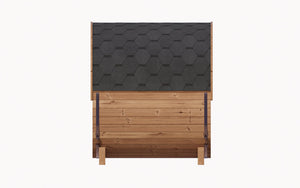Top view of the E6 Sauna Barrel - 2-4 Person | Western Sol showing the hexagonal shingle roof and wooden curved barrel structure.