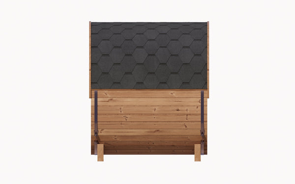 Top view of the E6 Sauna Barrel - 2-4 Person | Western Sol showing the hexagonal shingle roof and wooden curved barrel structure.