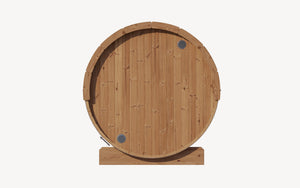 Front view of a wooden barrel sauna designed for small groups, showcasing natural wood texture and minimalist craftsmanship for relaxation and wellness, E6 Sauna Barrel - 2-4 Person | Western Sol.