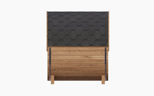 Top view of the E6 Sauna Barrel - 2-4 Person | Western Sol showcasing wooden construction and dark shingled roof designed for wellness and relaxation.