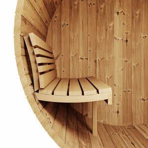 Interior view of a curved wooden bench inside the E6 Sauna Barrel - 2-4 Person | Western Sol, showcasing smooth natural wood textures ideal for wellness and relaxation spaces.