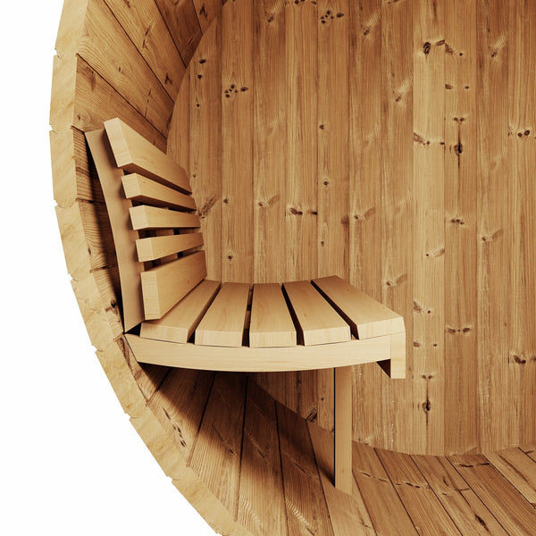 Interior view of a curved wooden bench inside the E6 Sauna Barrel - 2-4 Person | Western Sol, showcasing smooth natural wood textures ideal for wellness and relaxation spaces.