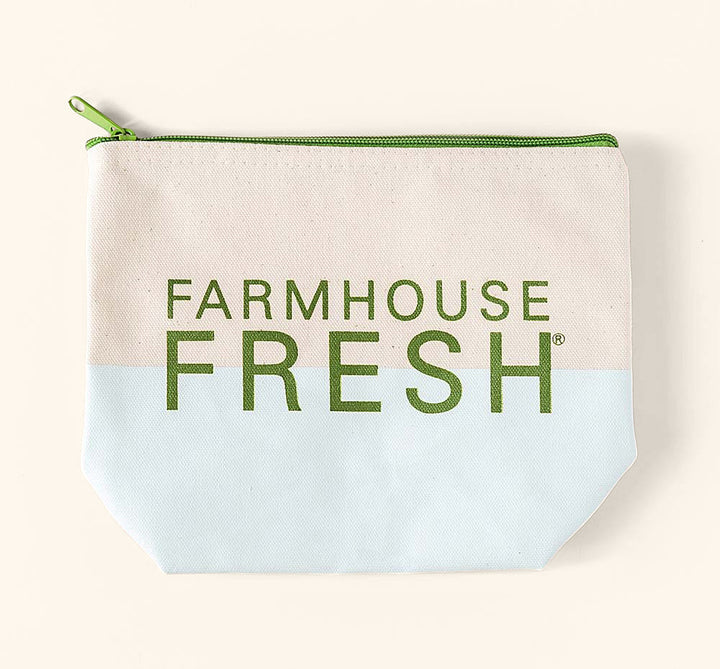 FHF Canvas Cosmetic Bag | Farmhouse Fresh in natural canvas with green zipper and farmhouse fresh logo, perfect for organizing skincare and beauty essentials.