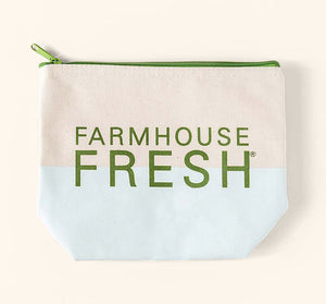 FHF Canvas Cosmetic Bag | Farmhouse Fresh in natural canvas with green zipper and farmhouse fresh logo, perfect for organizing skincare and beauty essentials.