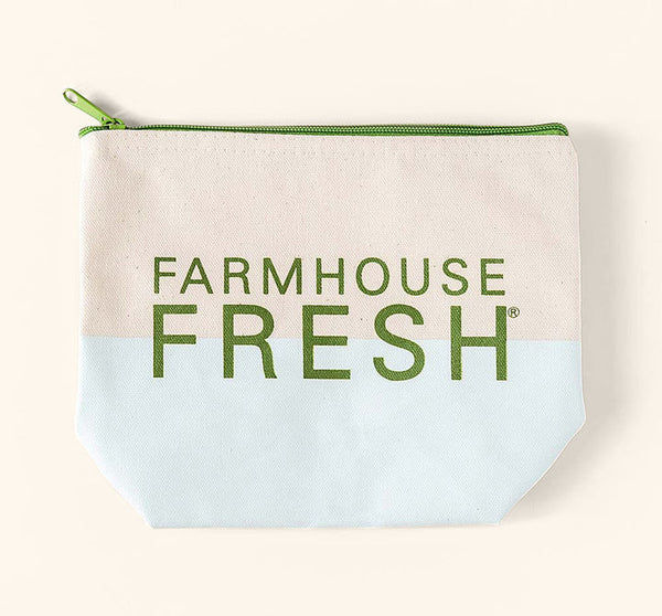 FHF Canvas Cosmetic Bag | Farmhouse Fresh in natural canvas with green zipper and farmhouse fresh logo, perfect for organizing skincare and beauty essentials.