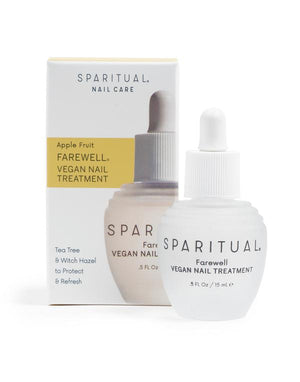Bottle and box of Farewell Vegan Nail Treatment | Sparitual, a skincare product with tea tree and witch hazel for nail care and wellness.
