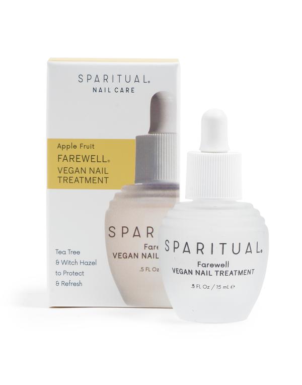 Bottle and box of Farewell Vegan Nail Treatment | Sparitual, a skincare product with tea tree and witch hazel for nail care and wellness.