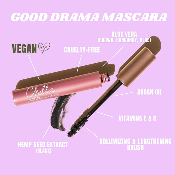 Good Drama Mascara | Chella tube with open applicator brush showing black mascara formula alongside text highlights of vegan, cruelty-free, aloe vera, argan oil, vitamins E and C, and hemp seed extract ingredients.