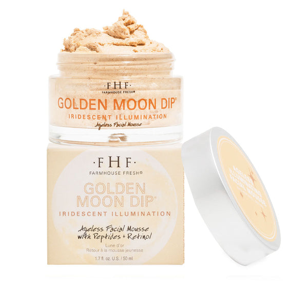 Jar of Golden Moon Dip® Illumination Mousse with Retinol + Wrinkle-Targeting Peptides | Farmhouse Fresh, an iridescent ageless facial mousse with peptides and retinol for skincare.