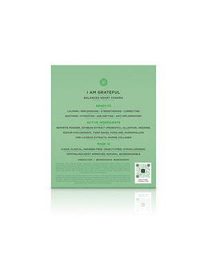 Back of the Green Jade Calm Face Mask | KNESKO packaging showing benefits, active ingredients, and product qualities focused on calming and hydrating skincare.