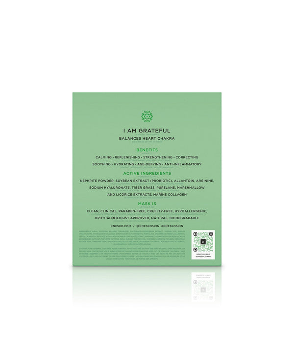 Back of the Green Jade Calm Face Mask | KNESKO packaging showing benefits, active ingredients, and product qualities focused on calming and hydrating skincare.