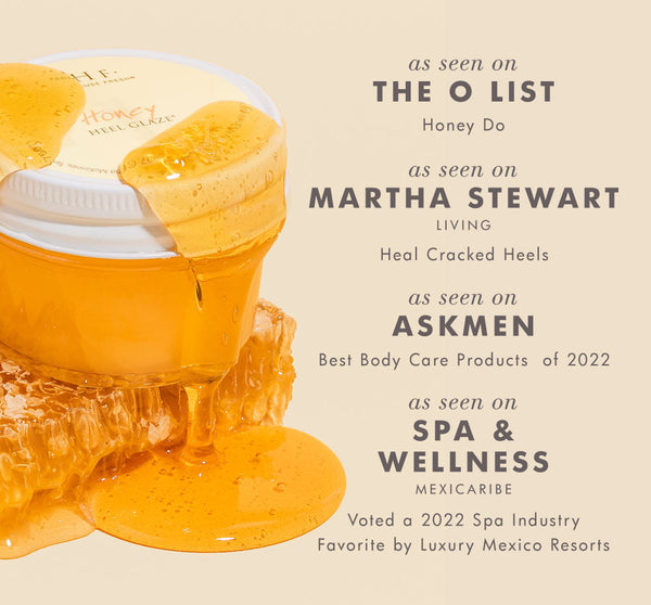 Honey I’m Smooth Limited Edition Set | Farmhouse Fresh jar with honey dripping over honeycomb and endorsements from The O List, Martha Stewart Living, AskMen, and Spa & Wellness Mexicaribe for skincare and body care.