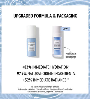 Comparison of original and new Hydramemory Water Source Serum | [ comfort zone ] bottles highlighting upgraded formula, refillable packaging, and improved hydration and radiance benefits for skincare.