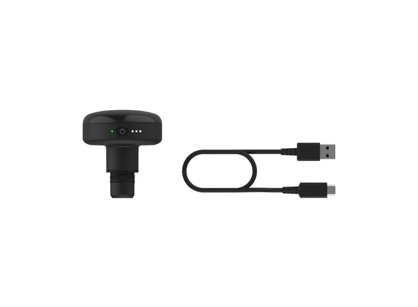 Heated Head Attachment | Hyperice in black with LED indicators next to a USB charging cable, designed for wellness and recovery use.