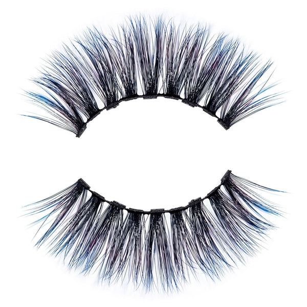 Close-up of a pair of dramatic false eyelashes with subtle colored accents, designed for enhancing eye makeup, labeled Stormy Lash - Colored | Moxielash.