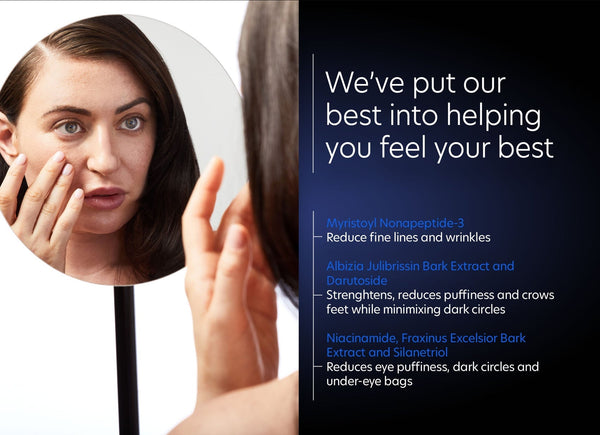 Woman examining her skin in a mirror next to text describing benefits of Ideal Complex¨ Revitalizing Eye Gel | PCA Skin, including reducing fine lines, puffiness, dark circles, and under-eye bags with natural extracts.