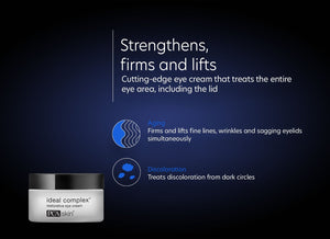 Jar of Ideal Complex¨ Revitalizing Eye Gel | PCA Skin on a dark background with text highlighting its benefits to strengthen, firm, lift, and treat discoloration in the eye area including lids.