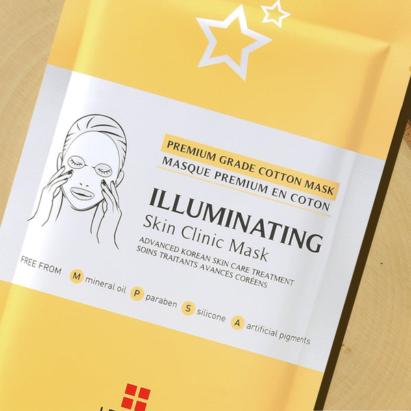 Packaging of the Illuminating Skin Clinic Mask | Leaders showing premium grade cotton mask with advanced Korean skincare treatment, free from mineral oil, paraben, silicone, and artificial pigments.
