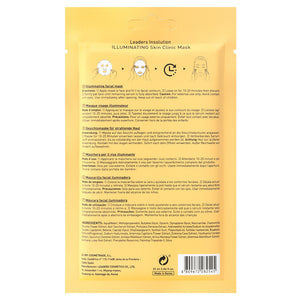 Back view of a yellow package containing the Illuminating Skin Clinic Mask | Leaders, highlighting skincare instructions and ingredients for facial treatment.