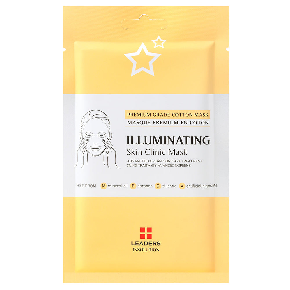 Packaging of Illuminating Skin Clinic Mask | Leaders in yellow with white label, highlighting premium grade cotton, free from mineral oil, paraben, silicone, and artificial pigments for skincare use.