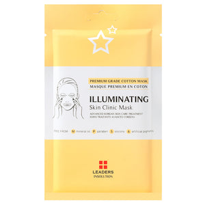 Packaging of Illuminating Skin Clinic Mask | Leaders in yellow with white label, highlighting premium grade cotton, free from mineral oil, paraben, silicone, and artificial pigments for skincare use.