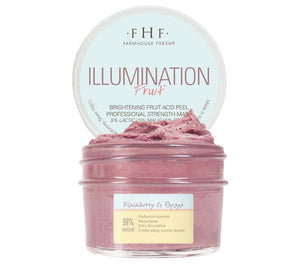 Jar of Illumination Fruit Professional Strength Brightening Fruit Acid Peel Mask | Farmhouse Fresh, showing creamy textured pink peel with blackberry and papaya ingredients on label.