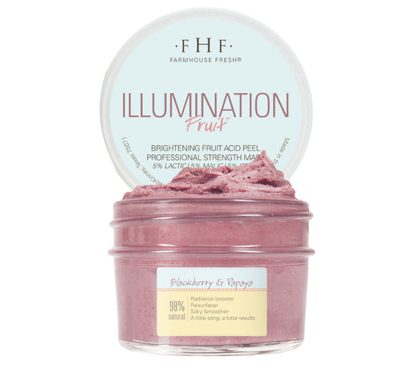 Jar of Illumination Fruit Professional Strength Brightening Fruit Acid Peel Mask | Farmhouse Fresh, showing creamy textured pink peel with blackberry and papaya ingredients on label.