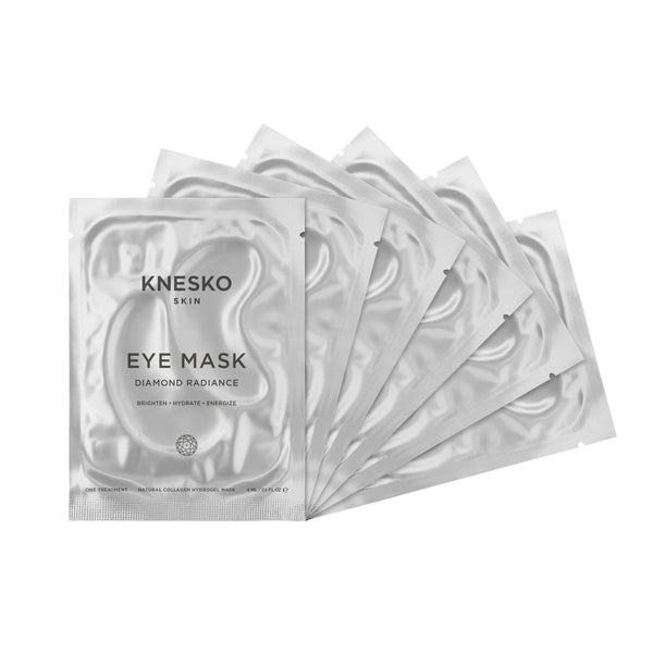 Diamond Radiance Eye Mask - 6 pack | Knesko showing six silver foil packets designed for skincare, promoting hydration and radiance as part of a wellness routine.