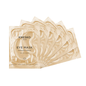 Nanogold Repair Eye Mask - 6 pack | Knesko featuring six gold-colored individual eye mask packets designed for skincare to firm, lift, and hydrate the under-eye area.
