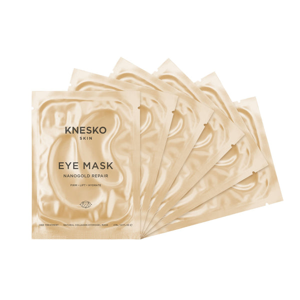 Nanogold Repair Eye Mask - 6 pack | Knesko featuring six gold-colored individual eye mask packets designed for skincare to firm, lift, and hydrate the under-eye area.