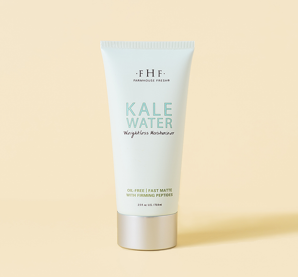 Tube of Kale Water Weightless Moisturizer | Farmhouse Fresh with oil-free, fast matte formula and firming peptides against a soft beige background