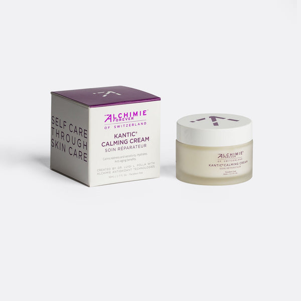 Kantic® Calming Cream | Alchimie Forever in a frosted glass jar with a white lid, alongside its white and purple box, designed for skincare and body care wellbeing.