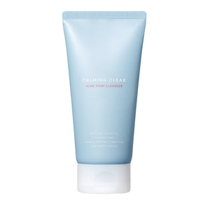 Tube of Calming Clear Acne Foam Cleanser | Leaders in a light blue container with white and pink text, designed for skincare and acne treatment.