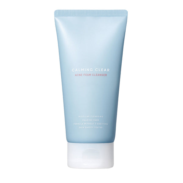 Tube of Calming Clear Acne Foam Cleanser | Leaders in a light blue container with white and pink text, designed for skincare and acne treatment.