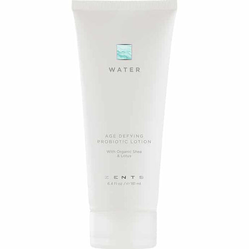 White tube of Age Defying Probiotic Lotion | Zents from the Water collection, featuring minimalist design and labeled with organic shea and lotus ingredients for skincare.