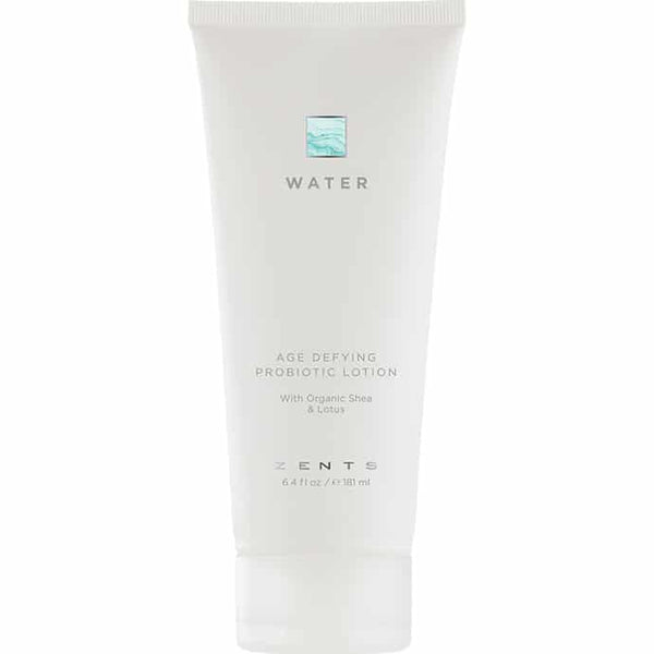 White tube of Age Defying Probiotic Lotion | Zents from the Water collection, featuring minimalist design and labeled with organic shea and lotus ingredients for skincare.