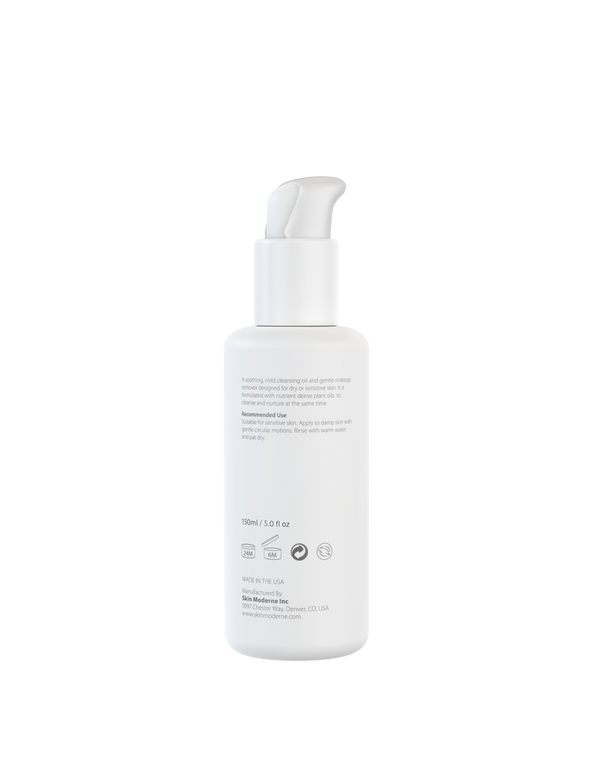 Back view of a white pump bottle containing Makeup Removing Smoothie | Skin Moderne, a gentle cleansing oil designed for sensitive skin and makeup removal in skincare routines.