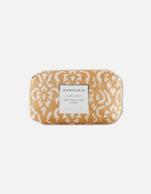 Luxe Soap Bar | Zents in decorative beige and white packaging labeled Mandarin with organic shea and neem, designed for skincare and body care wellness.