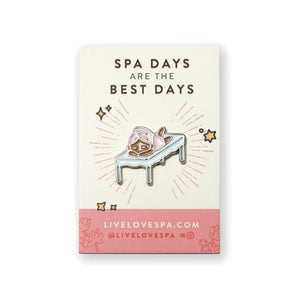 Fab Spa Life Enamel Pin - Limited Edition | Lucky Owl featuring a cute owl relaxing on a massage bed with a pink towel wrapped around its head, promoting wellness and self-care.