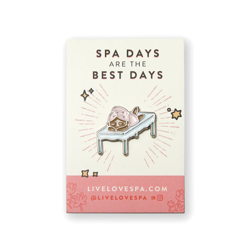 Fab Spa Life Enamel Pin - Limited Edition | Lucky Owl featuring a cute owl relaxing on a massage bed with a pink towel wrapped around its head, promoting wellness and self-care.