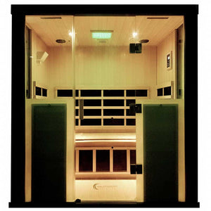 Interior view of a modern two-person infrared sauna booth featuring wooden benches and warm lighting, designed for relaxation and wellness with HaloSauna™ | Halotherapy Solutions.