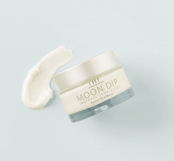 Moon Dip® Youthful Complexion Ageless Facial Mousse with Peptides + Retinol | Farmhouse Fresh in a jar with a creamy white mousse texture on a light background, showcasing natural skincare and wellness.